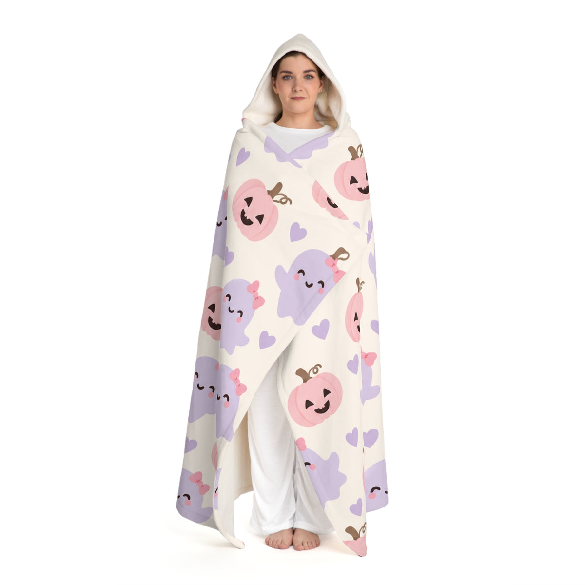 Cute Ghost & Pumpkin Hooded Sherpa Fleece Blanket
