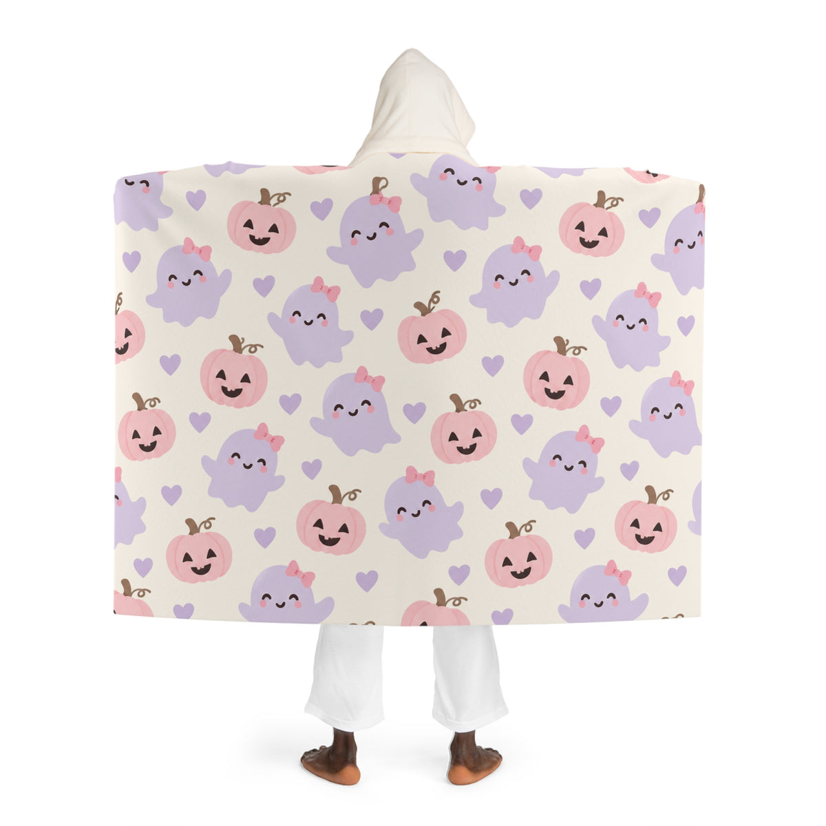 Cute Ghost & Pumpkin Hooded Sherpa Fleece Blanket