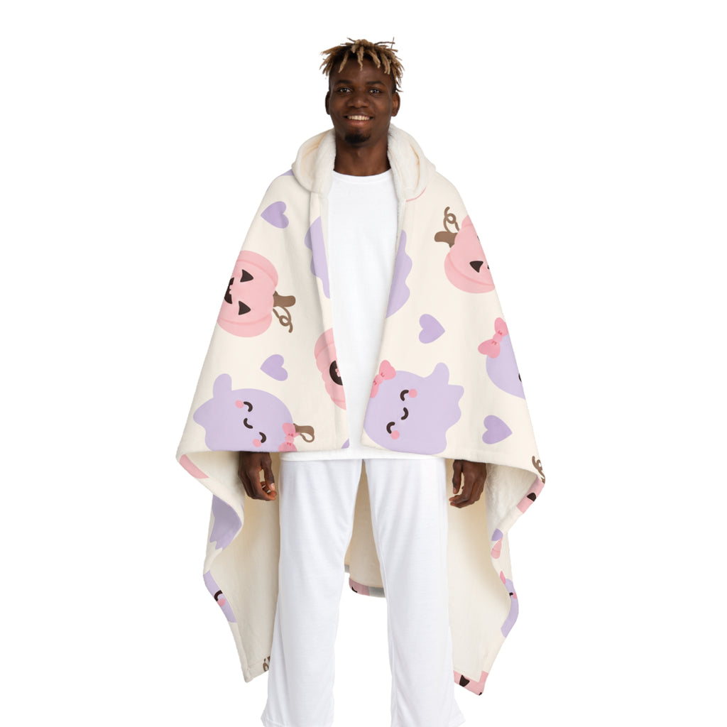 Cute Ghost & Pumpkin Hooded Sherpa Fleece Blanket
